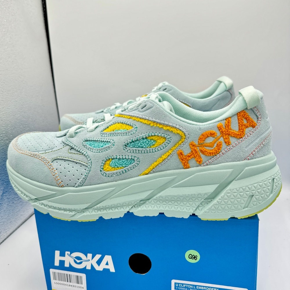 NWT Hoka Clifton Leather Embroidery UNISEX Shoes blue glass radiant yellow NEW - Picture 1 of 16